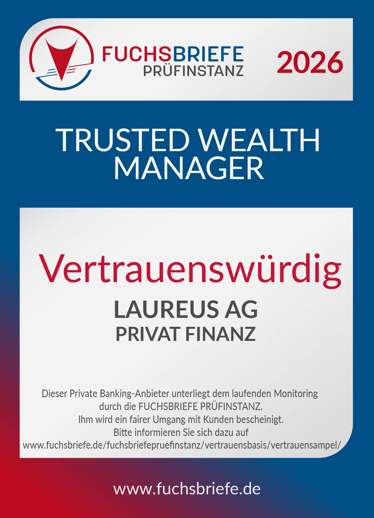 Auszeichnung Trust Wealth Manager 2026 - LAUREUS AG PRIVAT FINANZ - Vertrauenswürdig